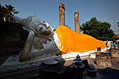 Ayutthaya, Thailand. Wat Yai Chai Mongkhon, 7m- long reclining Buddha, draped in a long orange robe.